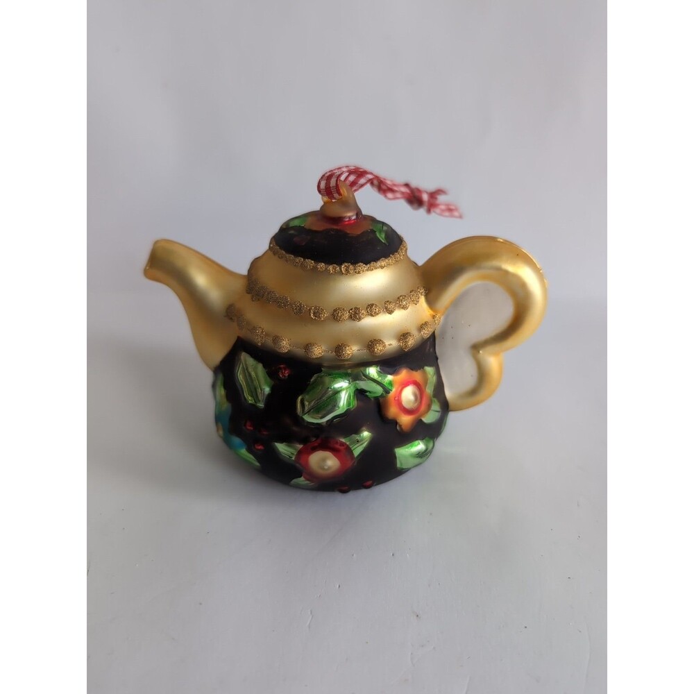 Mary Engelbreit Christmas Ornament Flower Teapot Tea Pot Glass